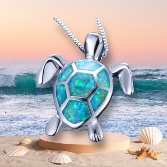 bohemian Jewelry - Bohemian Fire Opal Necklace “Blue, White & Green Large Tortoise”